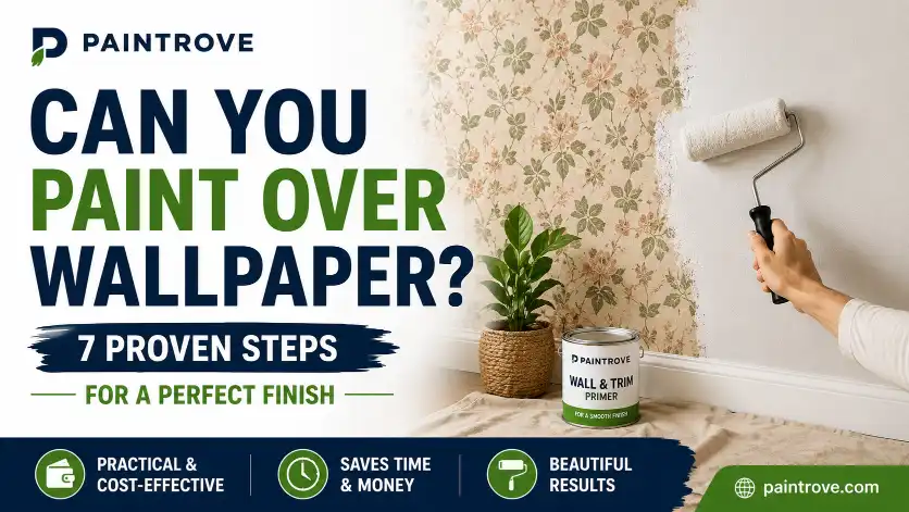 Can you paint over wallpaper guide showing a roller painting over floral wallpaper with primer and painting tools.