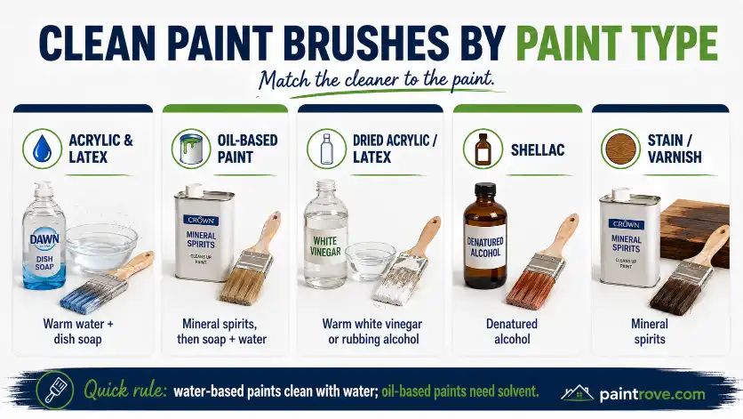 Paint brush cleaning guide by paint type showing acrylic, latex, oil-based paint, dried paint, shellac, stain, and varnish cleaners.