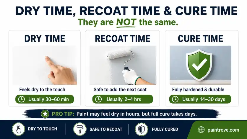 Difference between dry time, recoat time, and cure time with examples for when paint feels dry, can be recoated, and fully cures.