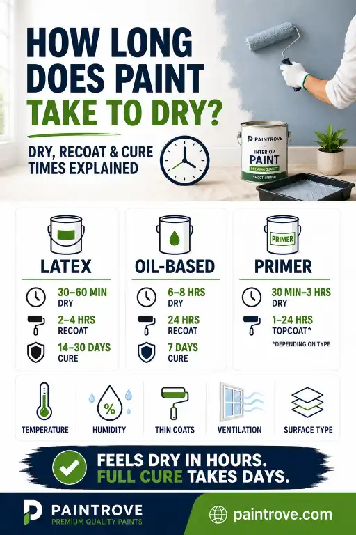 Pinterest pin explaining How Long Does Paint Take to Dry and Cure for latex paint, oil-based paint, and primer.