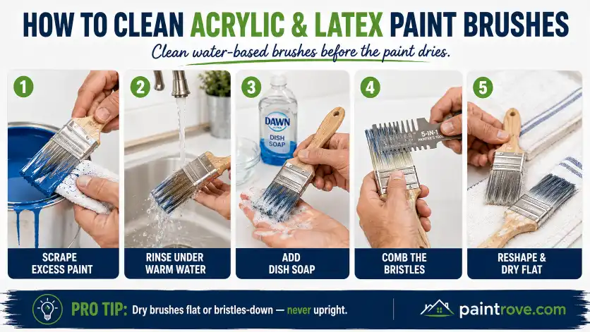 How to clean acrylic and latex paint brushes with warm water, dish soap, a brush comb, and flat drying.
