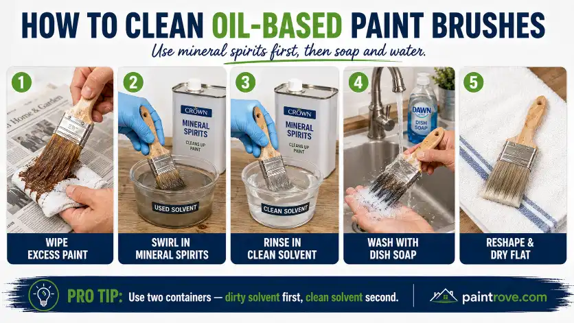 Paint brush cleaning guide by paint type showing acrylic, latex, oil-based paint, dried paint, shellac, stain, and varnish cleaners.