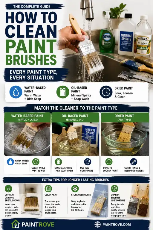 Pinterest pin showing how to clean paint brushes for water-based paint, oil-based paint, and dried paint.