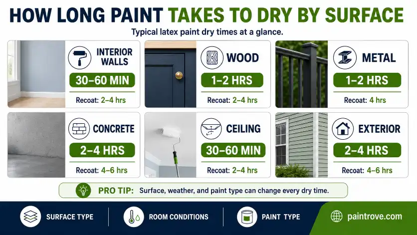 Paint dry time by surface showing typical drying times for interior walls, wood, metal, concrete, ceilings, and exterior surfaces.
