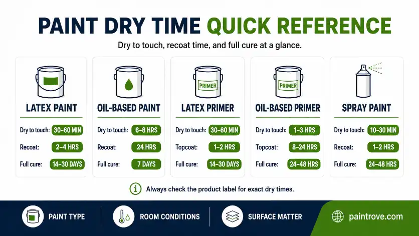 Quick reference chart for paint dry times showing latex paint, oil-based paint, latex primer, oil-based primer, and spray paint.