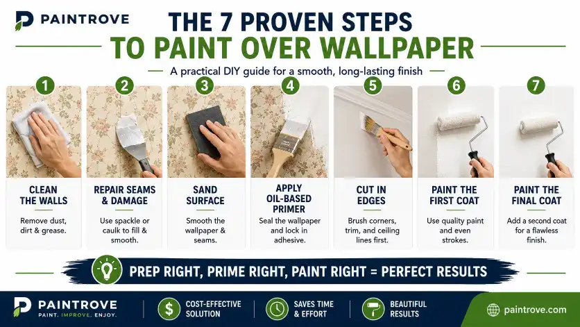 Seven proven steps to paint over wallpaper including cleaning, repairing seams, sanding, priming, cutting in, and painting two coats.