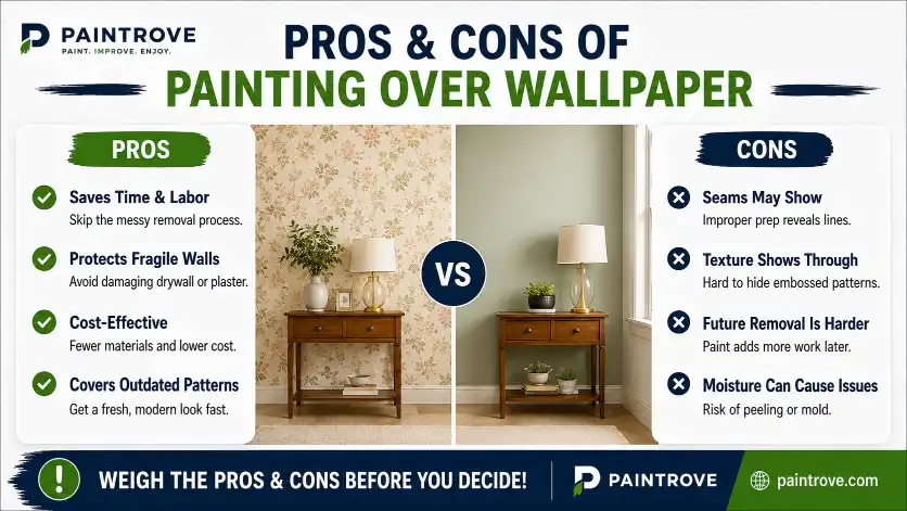 Pros and cons of painting over wallpaper with a before and after wall showing wallpaper changed to a painted finish.