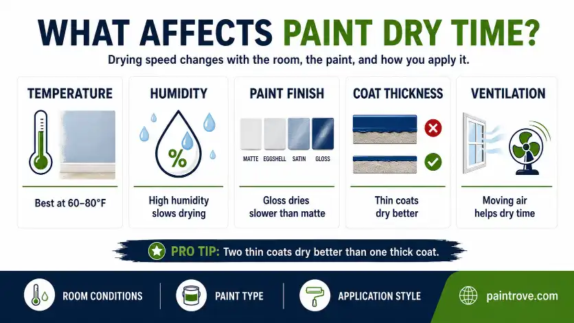 Factors that affect paint dry time including temperature, humidity, paint finish, coat thickness, and ventilation.