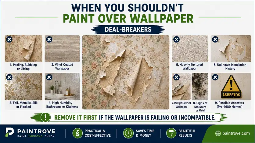 Situations when you should not paint over wallpaper including peeling, bubbling, vinyl wallpaper, heavy texture, moisture, mold, and asbestos risk.