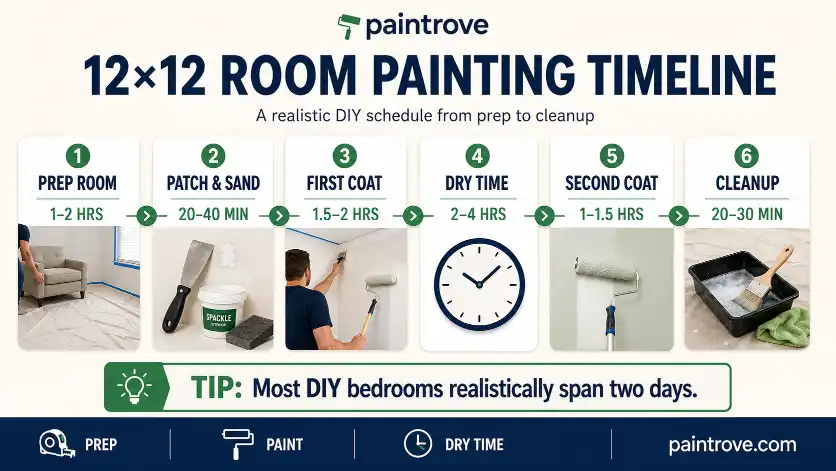 12x12 room painting timeline showing prep work, patching, first coat, dry time, second coat, and cleanup steps.