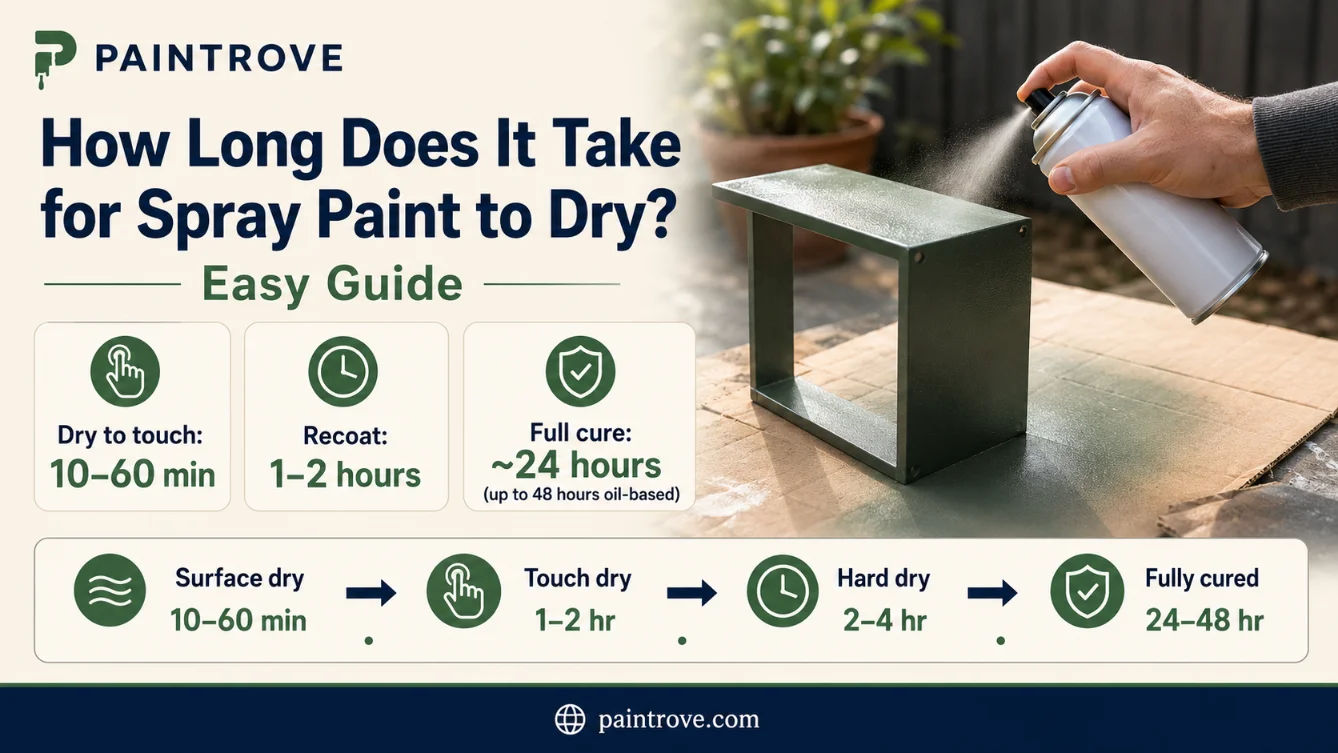 Spray paint drying time guide with dry to touch, recoat, hard dry, and cure times