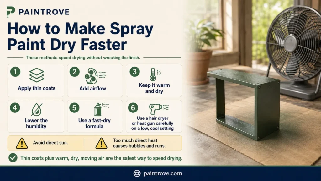 Tips to make spray paint dry faster using thin coats, airflow, warmth, and low humidity