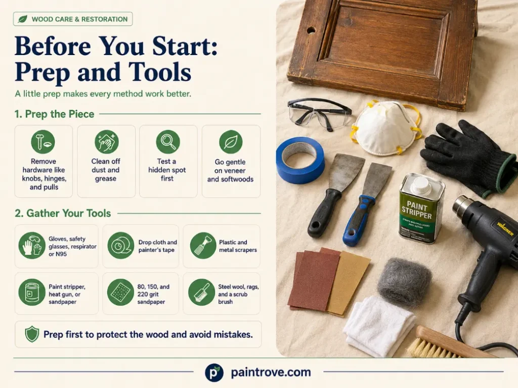 Tools and prep to remove paint from wood safely