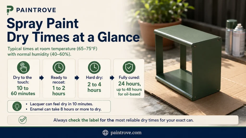 Spray paint dry times infographic showing touch dry, recoat, hard dry, and full cure