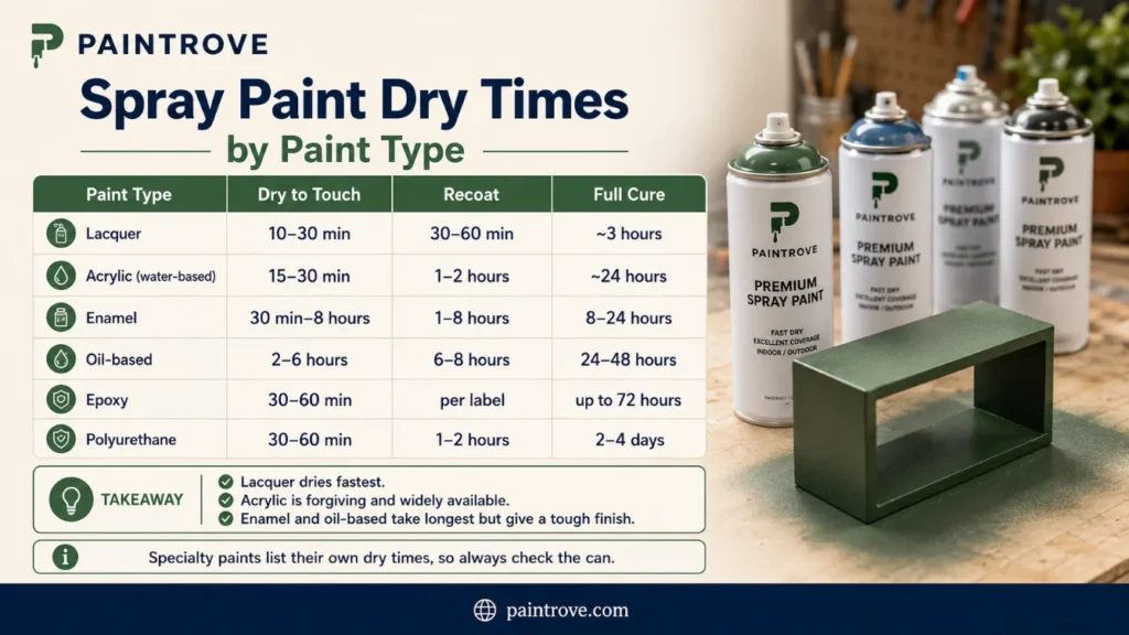 Spray paint dry time chart by lacquer, acrylic, enamel, oil based, epoxy, and polyurethane