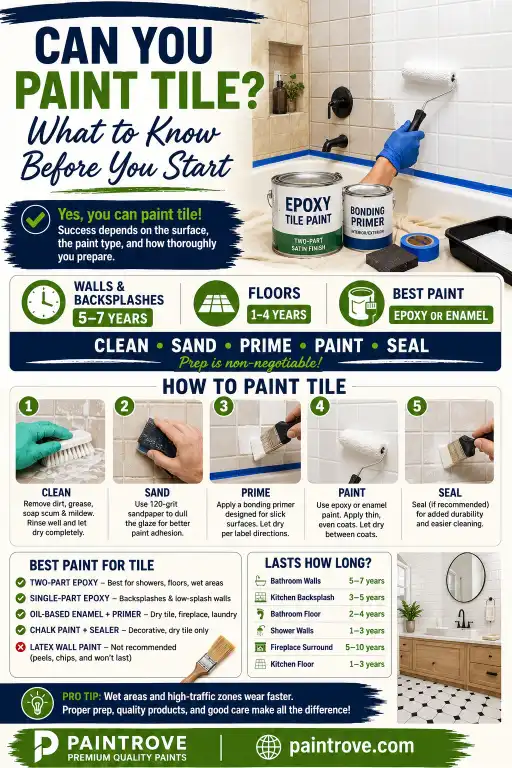 Can you paint tile Pinterest infographic showing cleaning, sanding, priming, painting, sealing, best paint options, and painted tile lifespan.