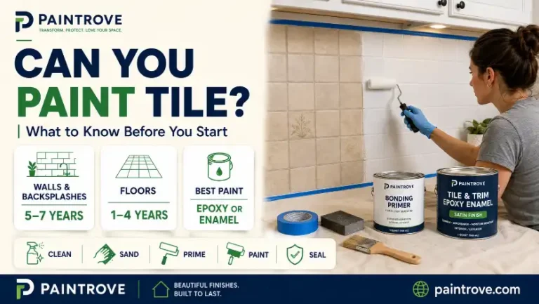 Can you paint tile main banner showing a person painting kitchen tile with epoxy tile paint, bonding primer, painter’s tape, and clean sand prime paint seal steps.