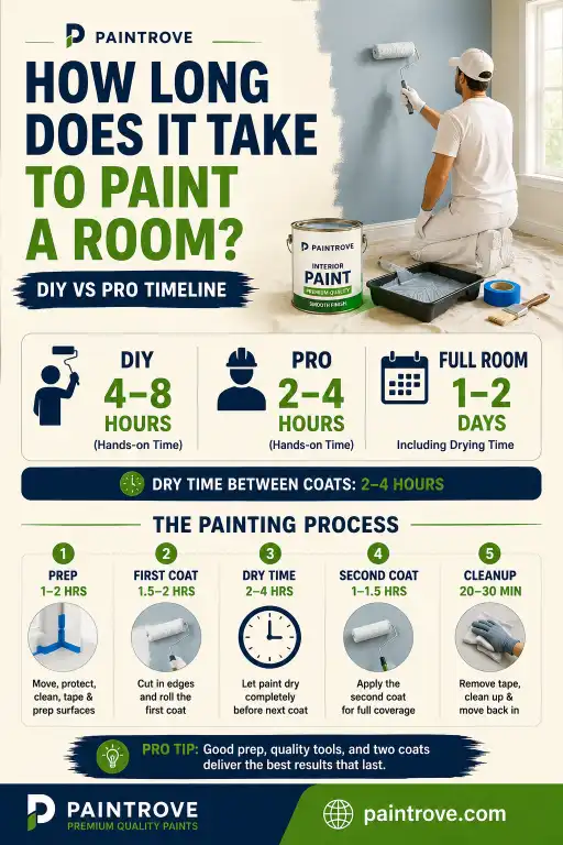 Pinterest infographic showing how long does it take to paint a room, including DIY time, pro time, dry time, and the full painting process.