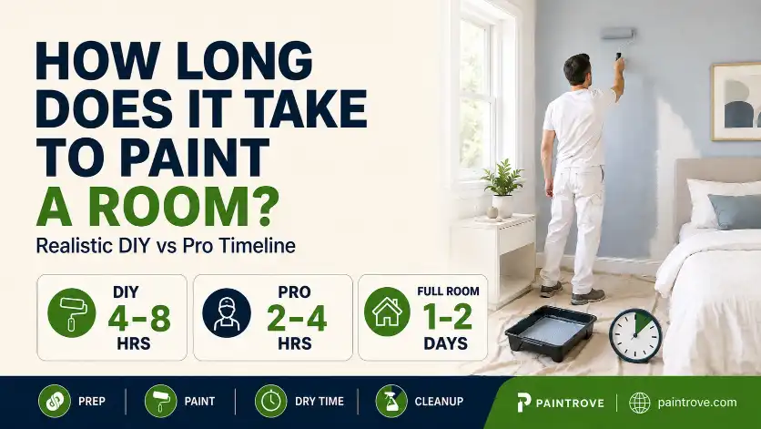 Main banner showing how long it takes to paint a room with DIY time, professional painter time, drying time, and cleanup steps.