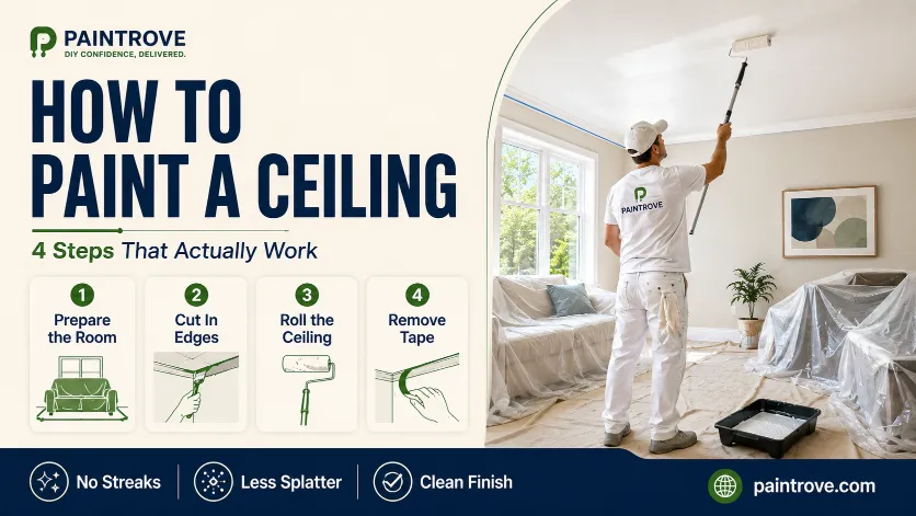 Person painting a ceiling with four simple steps.