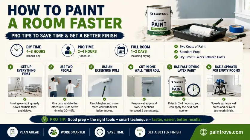 Tips for how to paint a room faster using proper prep, two painters, an extension pole, fast-drying paint, and smart rolling techniques.