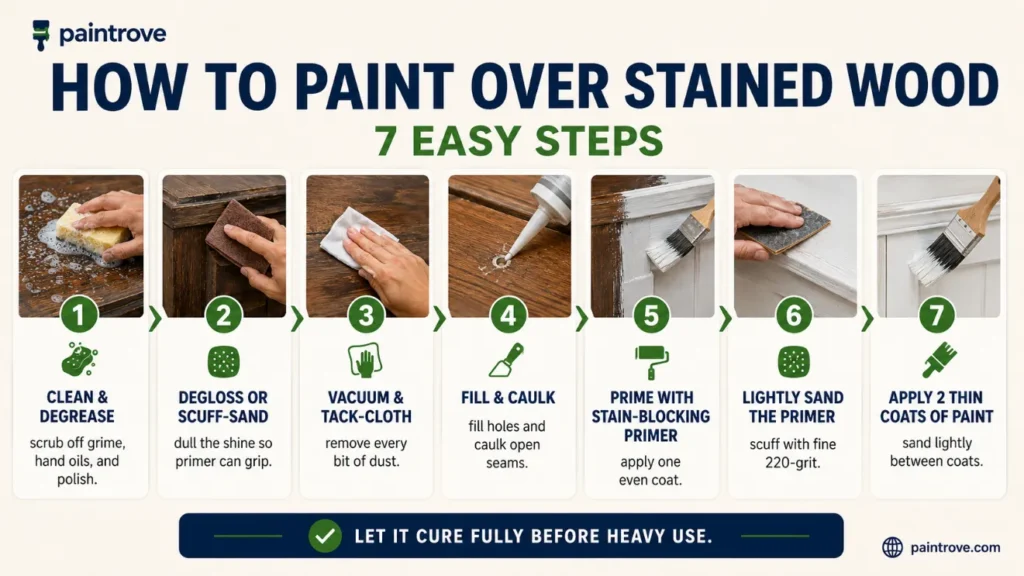 How to paint over stained wood with clean, degloss, prime, and paint steps.