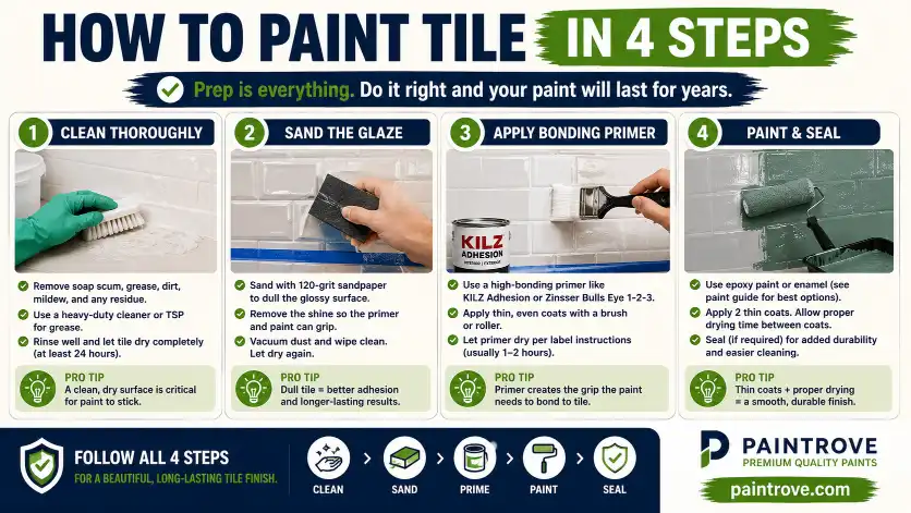 Can you paint tile step-by-step guide showing how to clean, sand, prime, paint, and seal tile for a smooth long-lasting finish.