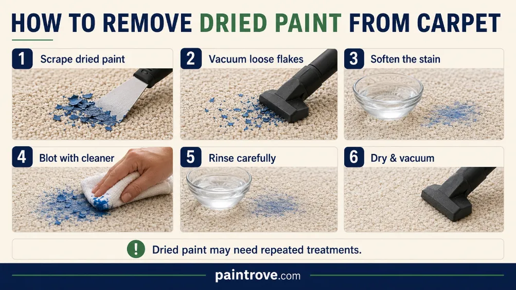 How to get dried paint out of carpet with scrape and blot steps.