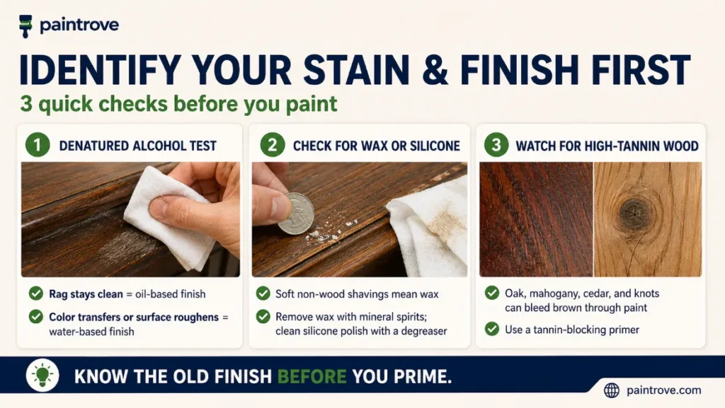 Identify stain and finish before you paint over stained wood.