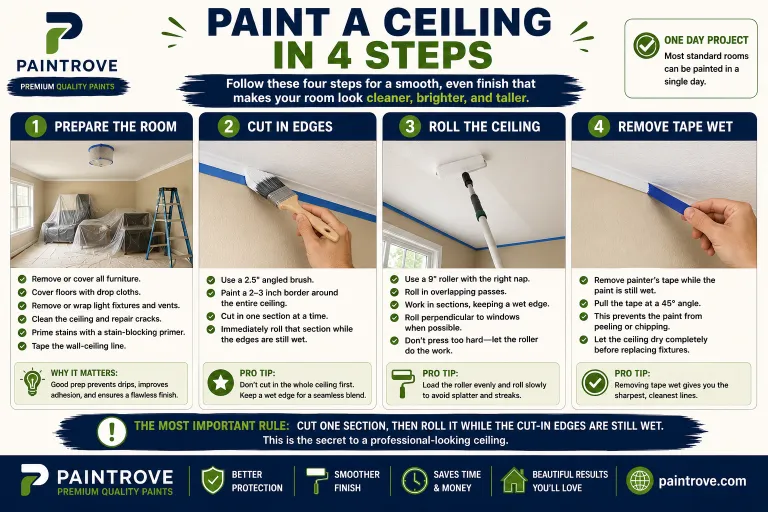 Four steps to paint a ceiling smoothly.