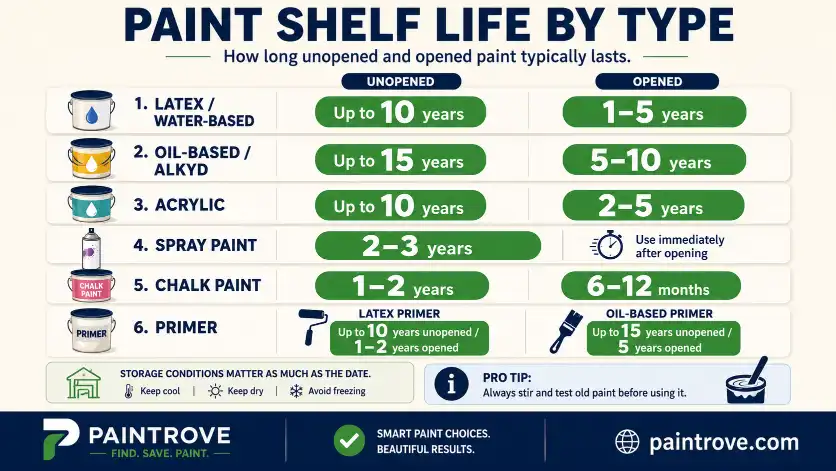 Paint shelf life chart by paint type.