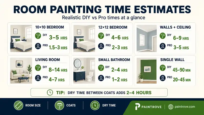 Room painting time estimates for bedrooms, living rooms, bathrooms, ceilings, and single walls with DIY and professional painting times.