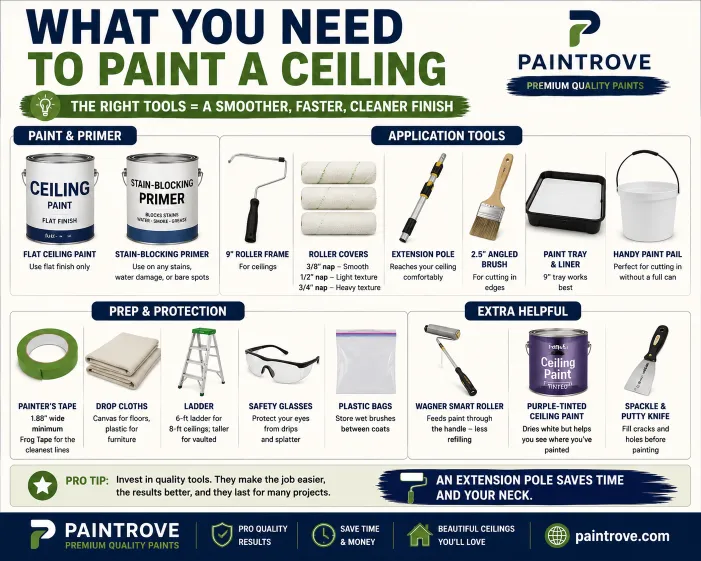 Tools needed to paint a ceiling.