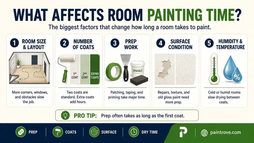 Infographic explaining what affects room painting time, including room size, coats of paint, prep work, surface condition, humidity, and temperature.