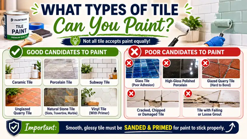 Can you paint tile infographic showing which tile types work best, including ceramic, porcelain, subway tile, natural stone, and poor candidates like glass or damaged tile.