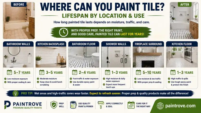 Can you paint tile in bathrooms, kitchens, showers, floors, and fireplace surrounds with expected painted tile lifespan by location.