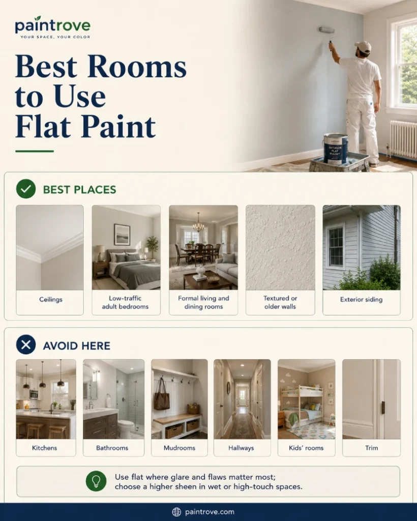 Best rooms to use flat paint, including ceilings, bedrooms, formal rooms, and older walls.