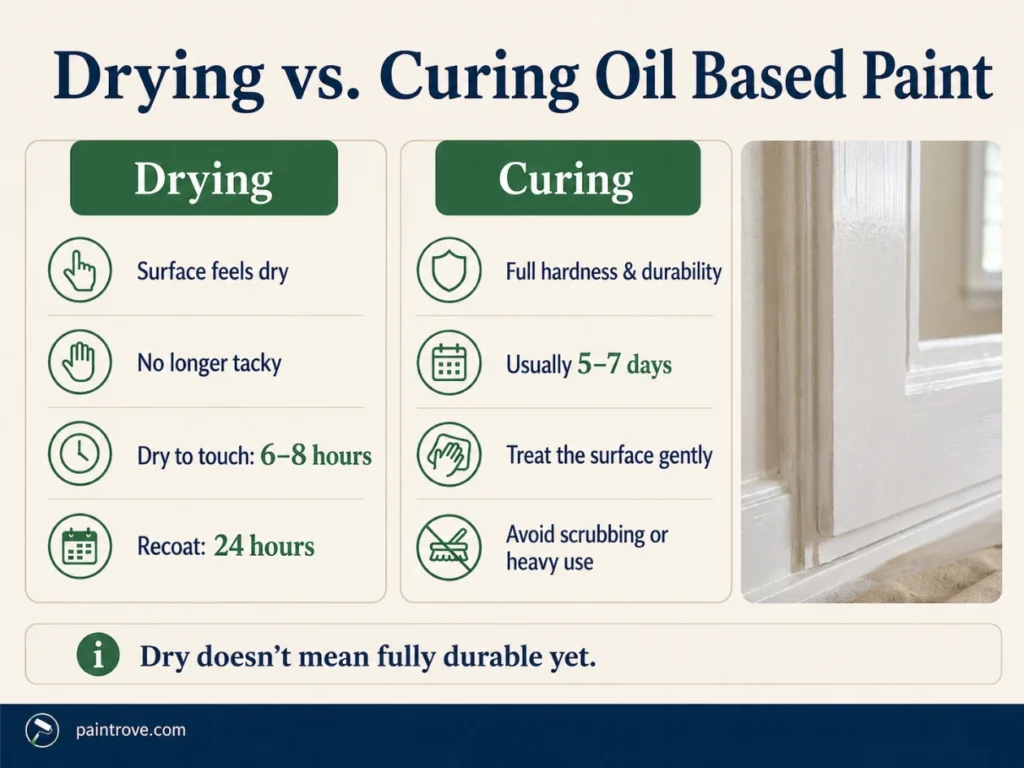 Drying vs curing oil based paint infographic explaining dry touch, recoat time, and full cure durability.