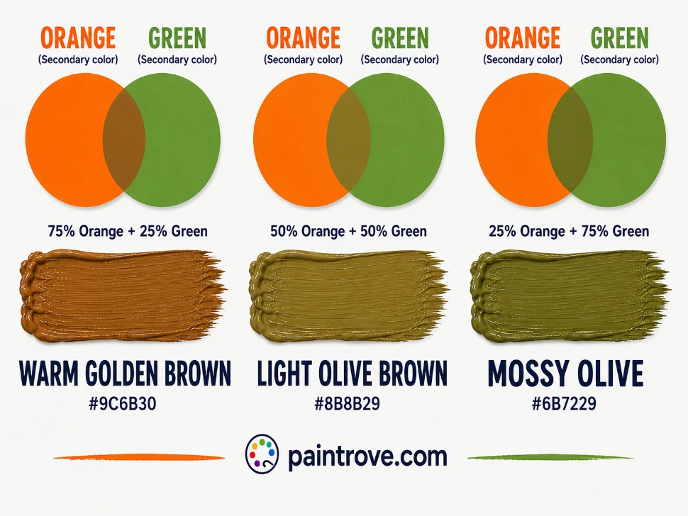Orange and green mixing ratios create golden brown, reddish olive, light olive brown, mossy olive, and deep olive.