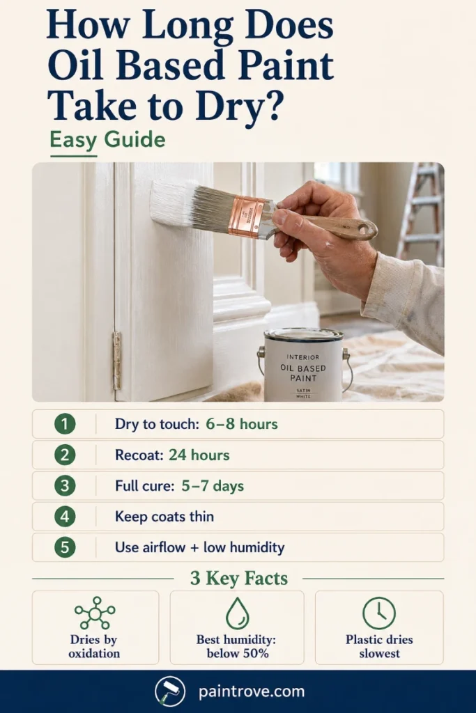 Pinterest pin showing how long oil based paint takes to dry, recoat, cure, and dry safely with airflow.