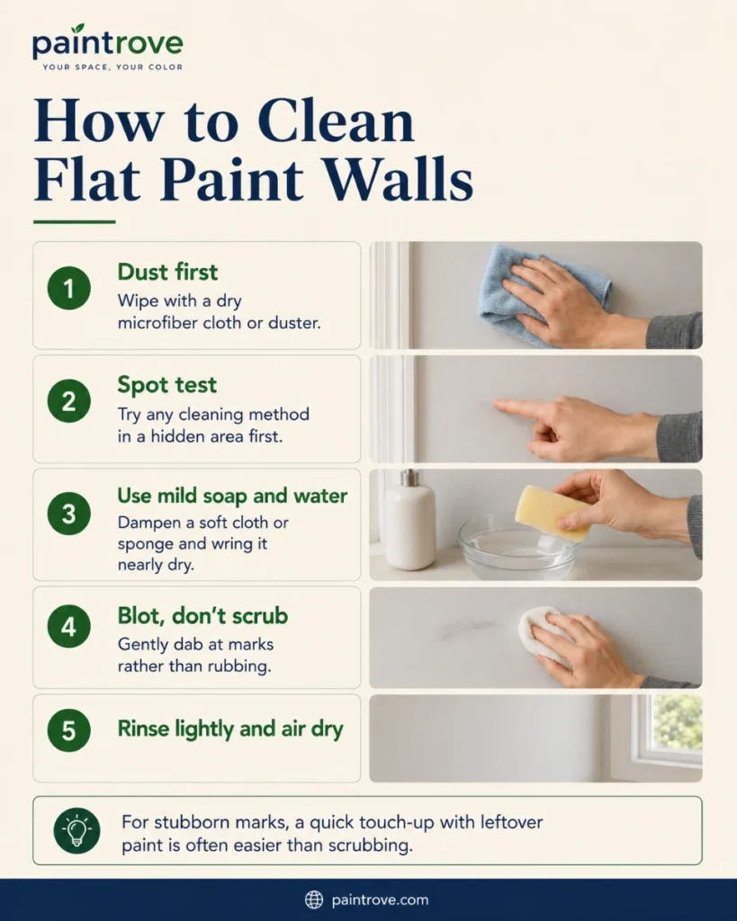 How to clean flat paint walls with dusting, spot testing, mild soap, and gentle blotting.