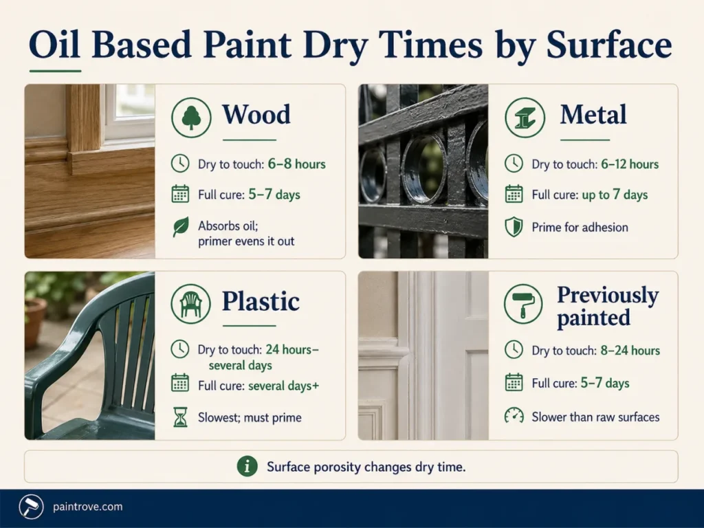 Oil based paint dry times by surface, including wood, metal, plastic, and previously painted areas.