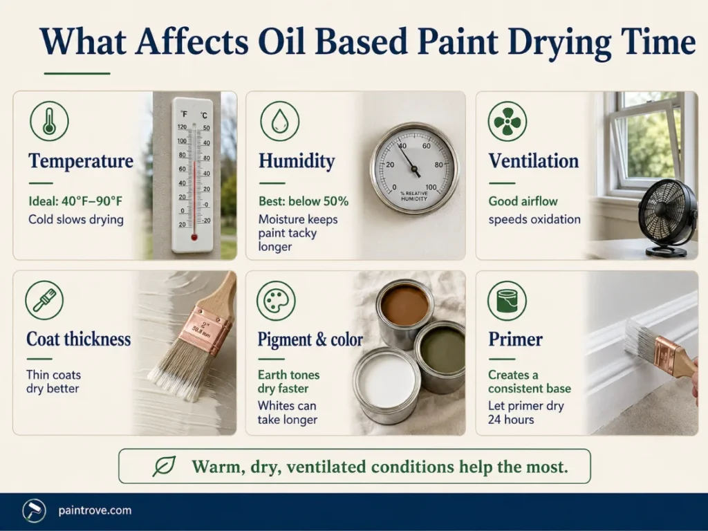 Oil based paint dry times by surface, including wood, metal, plastic, and previously painted areas.