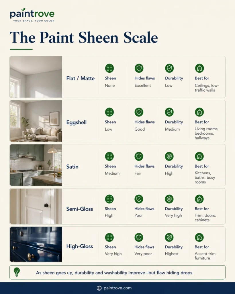 Paint sheen scale comparing flat, eggshell, satin, semi-gloss, and high-gloss finishes.