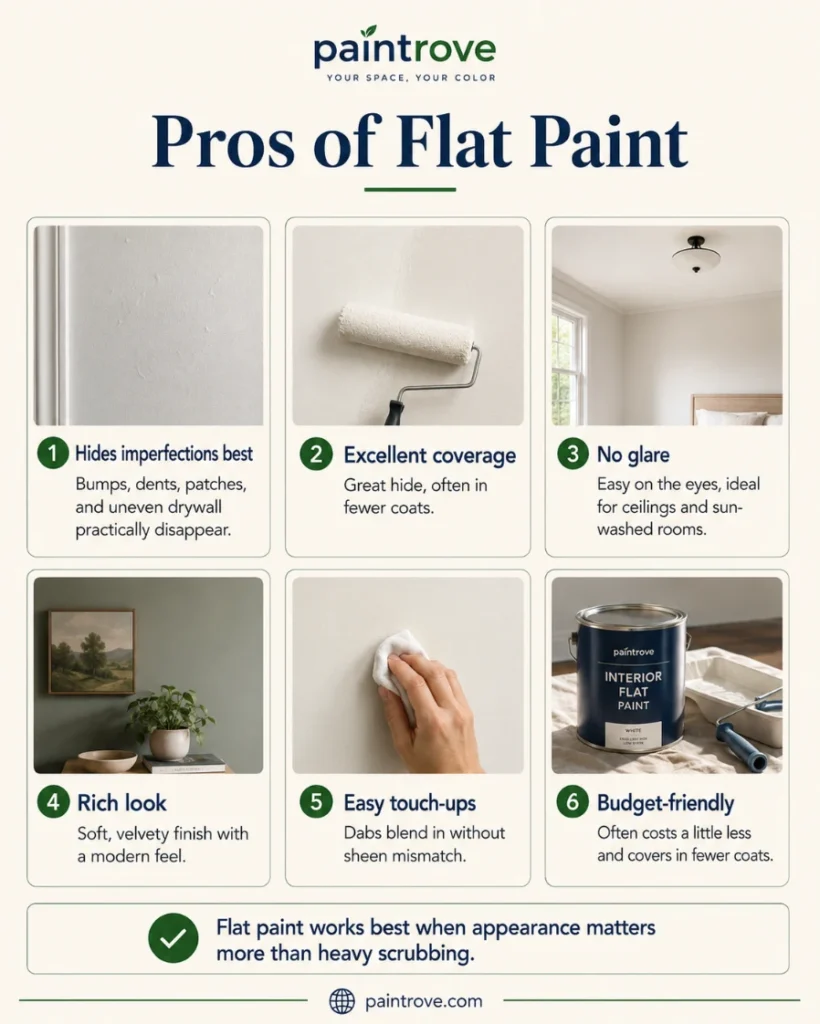 Pros of flat paint including flaw hiding, no glare, easy touch-ups, and rich coverage.