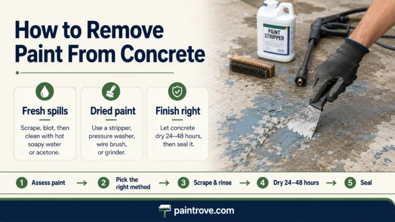 Remove paint from concrete guide with scraper, stripper, brush, and cleanup steps.