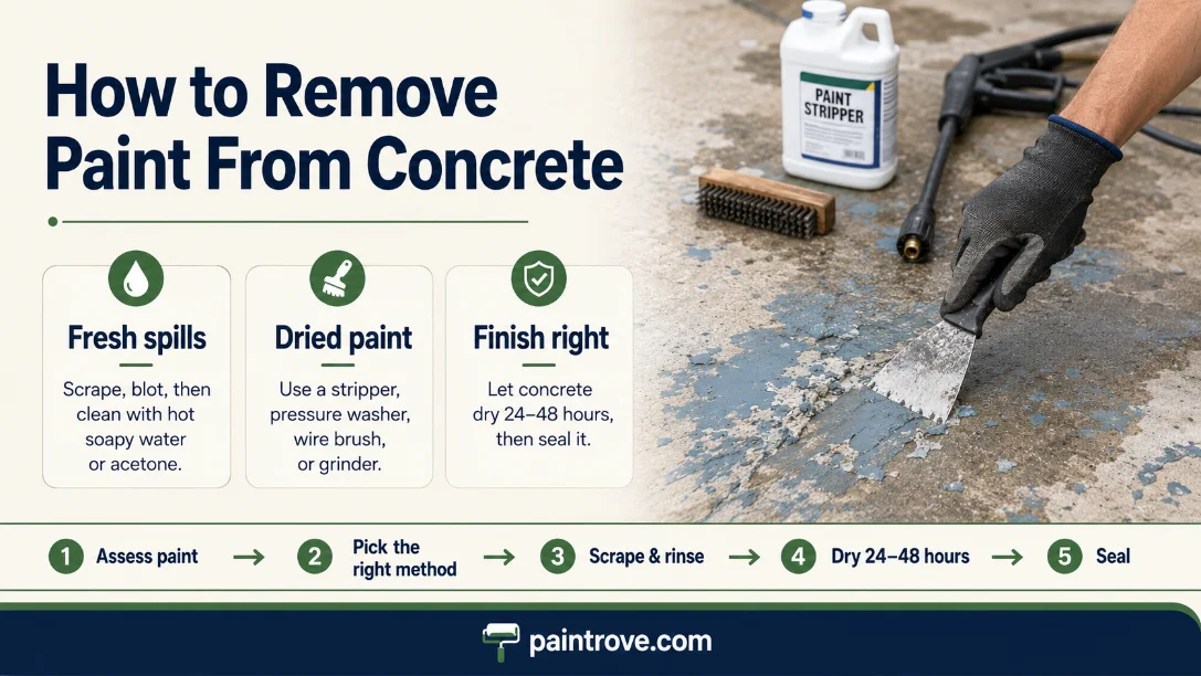 Remove paint from concrete guide with scraper, stripper, brush, and cleanup steps.