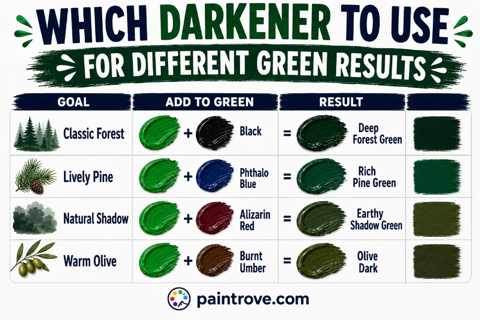 Compare black, blue, red, and burnt umber for making forest, pine, shadow, and olive greens.