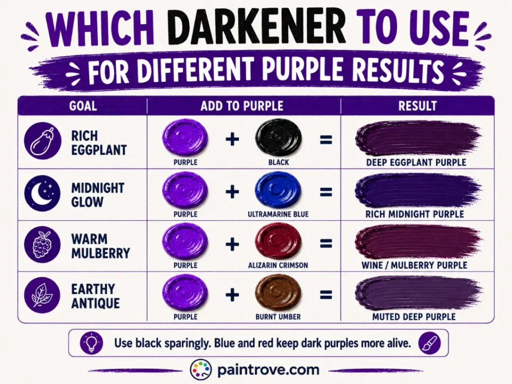 Compare black, blue, crimson, and burnt umber for making eggplant, midnight, mulberry, and antique purple.