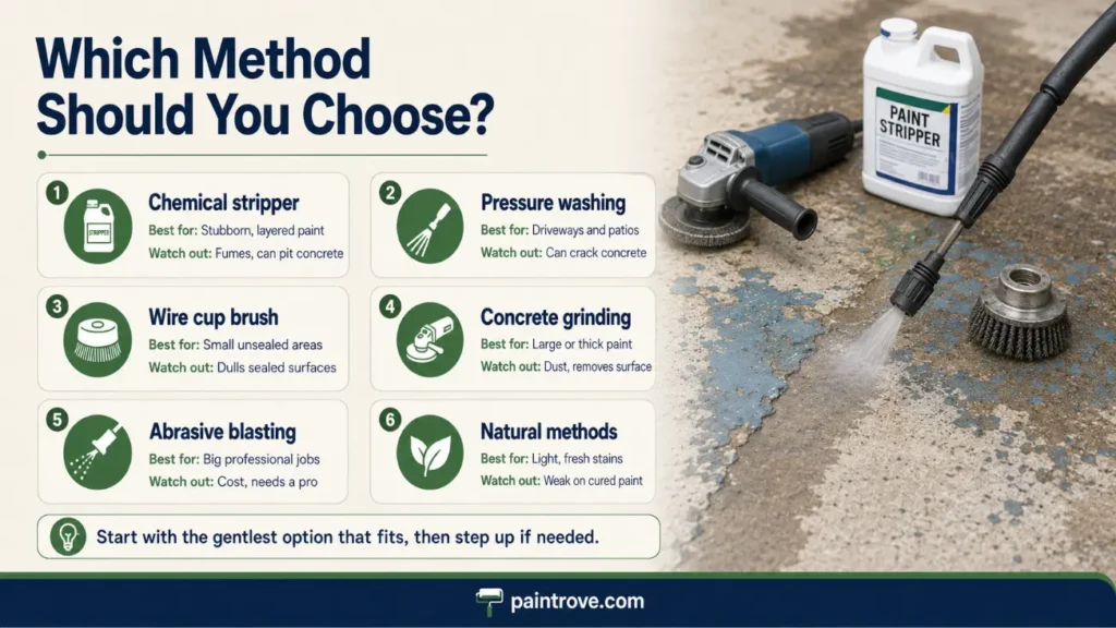 Best methods to remove paint from concrete, including stripper, pressure washer, brush, and grinder.